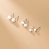 925 Silver Pearl Zircon Stud Earrings Women Geometric Round Fine Jewelry