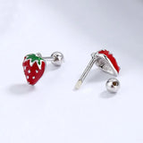 925 Silver Red Strawberry Stud Earrings for Women Party Fine Jewelry
