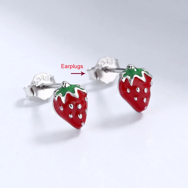 925 Silver Red Strawberry Stud Earrings for Women Party Fine Jewelry