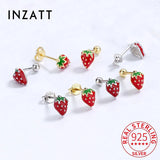 925 Silver Red Strawberry Stud Earrings for Women Party Fine Jewelry