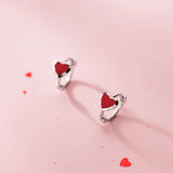 925 Sterling Silver Red Heart Hoop Earrings Bohemian Fine Jewelry