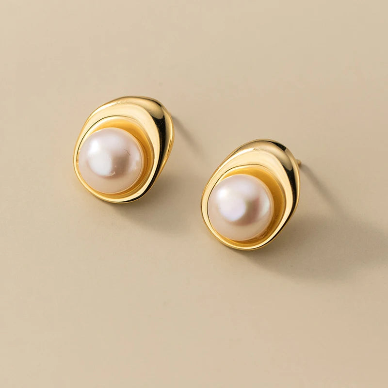 925 Silver Pearl Stud Earrings Women Jewelry Geometric Accessories