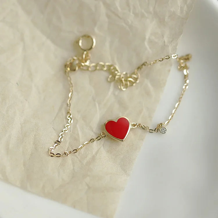 925 Sterling Silver Red Heart Enamel Charm Bracelet - Wedding Jewelry