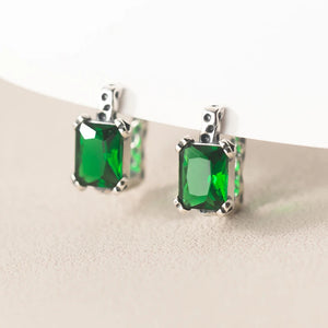 925 Silver Square Emerald Crystal Hoop Earrings Classic Fine Jewelry