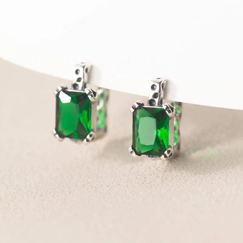 925 Silver Square Emerald Crystal Hoop Earrings Classic Fine Jewelry