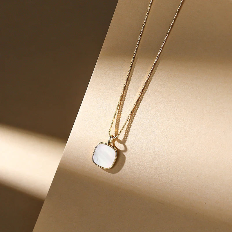 925 Sterling Silver Square Shell Pendant Necklace For Women