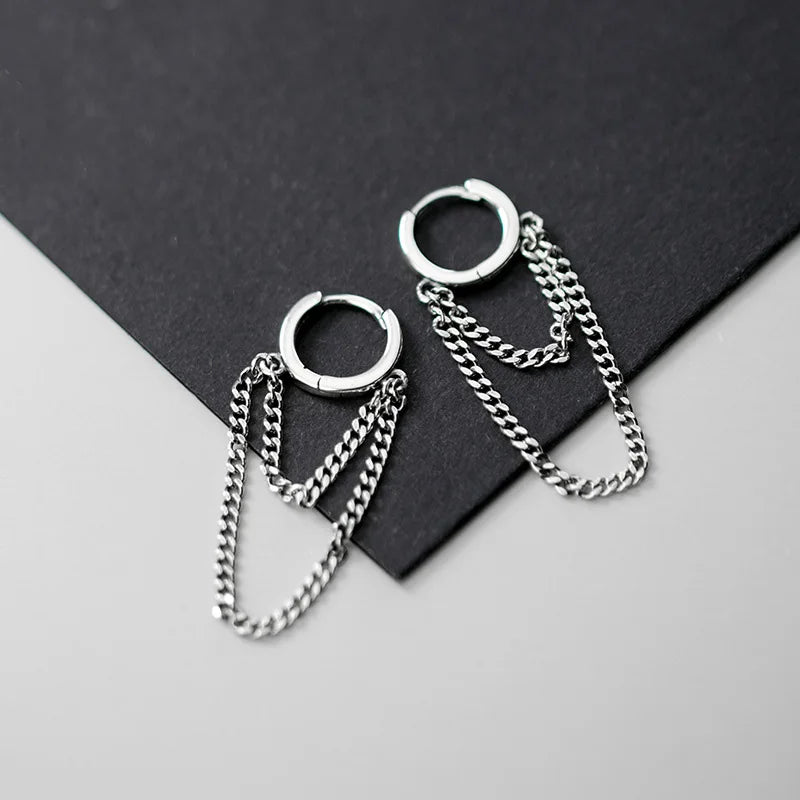 Real 925 Sterling Silver Tassel Hoop Earrings for Women Party Jewelry