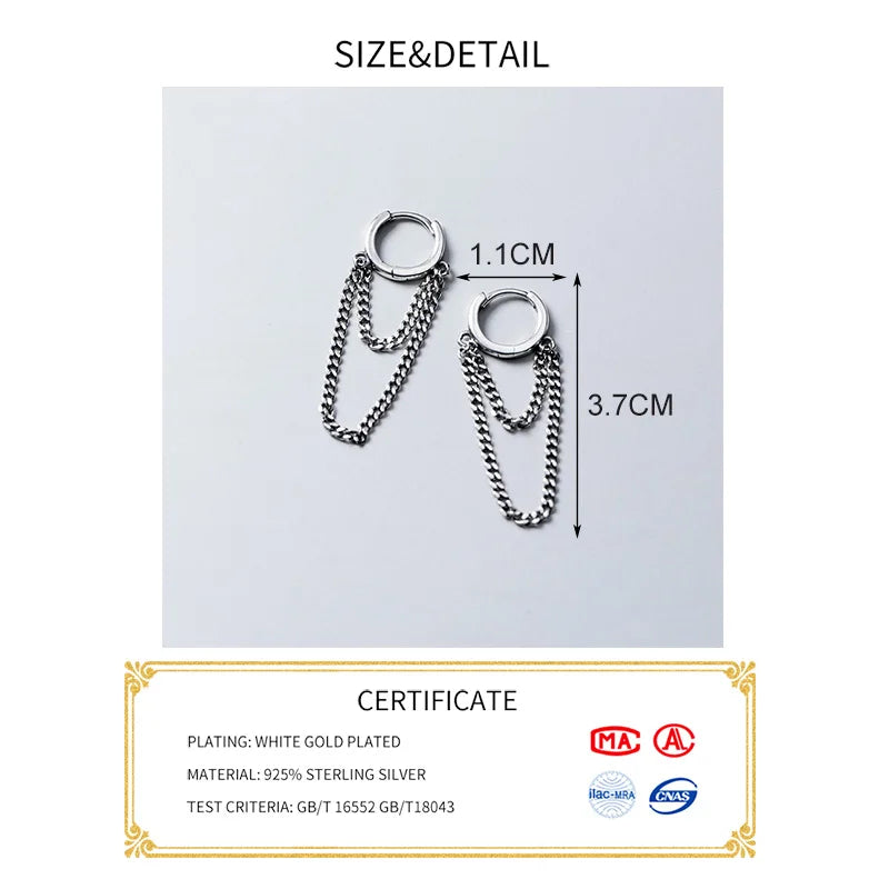 Real 925 Sterling Silver Tassel Hoop Earrings for Women Party Jewelry