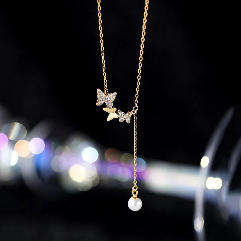 925 Silver Zircon Butterfly Tassel Choker Necklace Classic Fine Jewelry