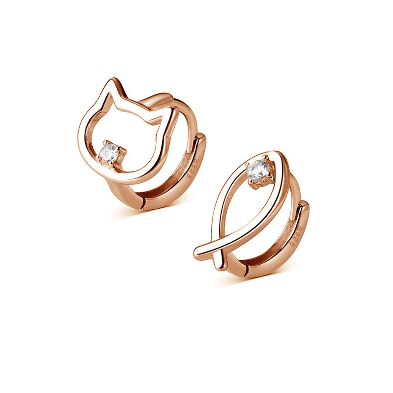 925 Silver Zircon Cat Fish Stud Earrings Women Classic Jewelry