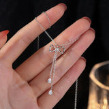 925 Silver Zircon Tassel Bowknot Necklace for Women