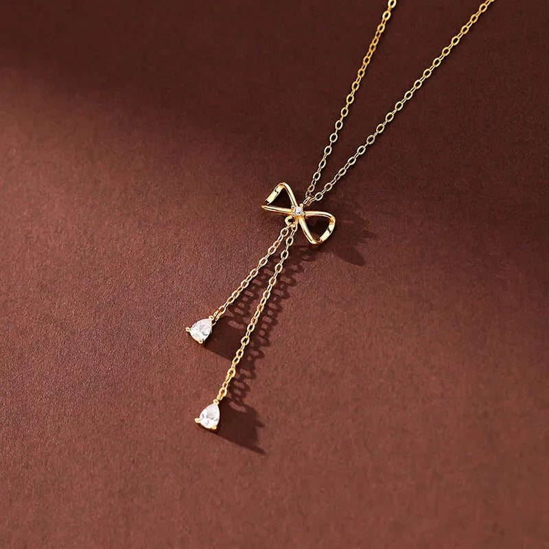 925 Silver Zircon Tassel Bowknot Necklace for Women