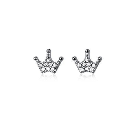 925 Silver Zircon Crown Stud Earrings Classic Fine Jewelry