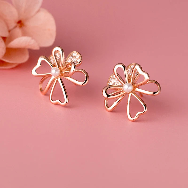 925 Silver Zircon Flower Stud Earrings Women Fine Jewelry