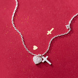 925 Silver Zircon Heart Cross Choker Necklace for Women