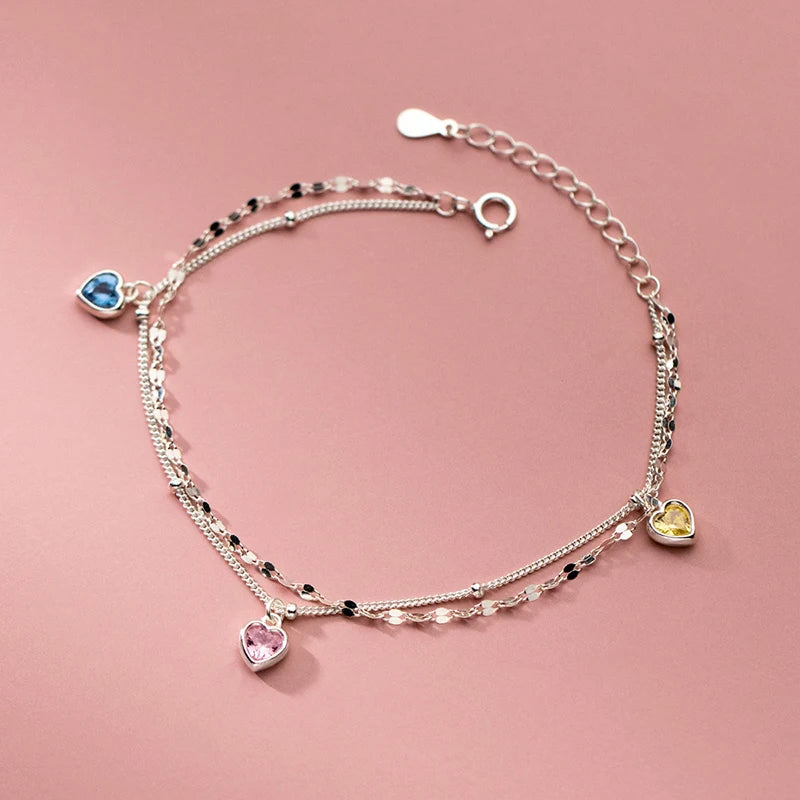 925 Silver Zircon Heart Double-layer Bracelet Women Fine Jewelry
