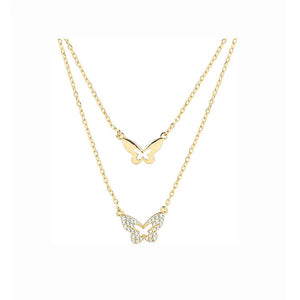 925 Silver Zircon Butterfly Double Chain Choker Necklace for Women