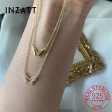 925 Silver Zircon Butterfly Double Chain Choker Necklace for Women