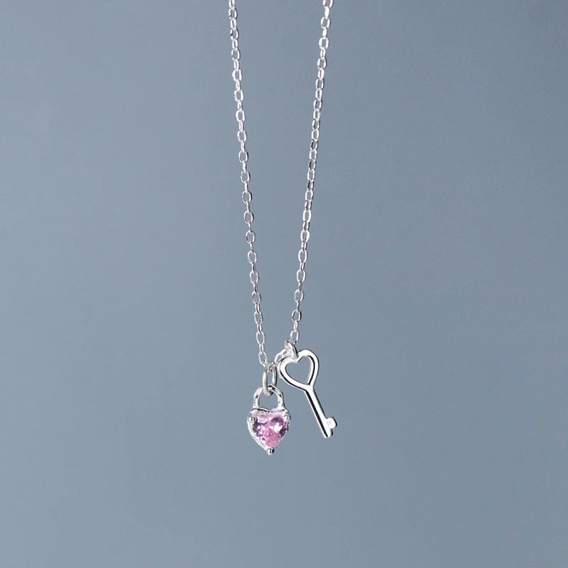 925 Silver Zircon Key Heart Choker Necklace Women Fine Jewelry