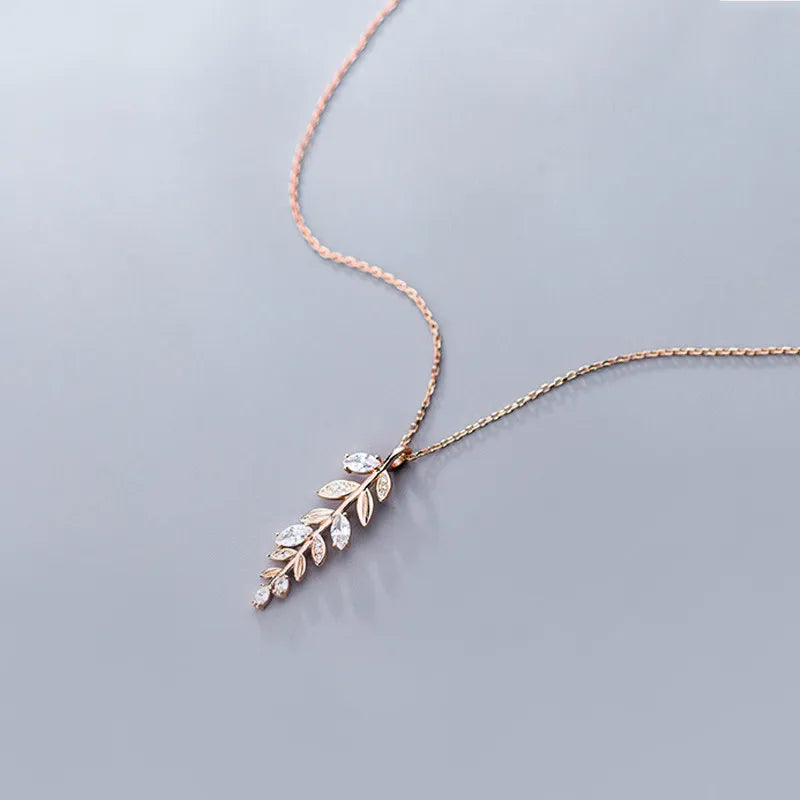 925 Silver Zircon Leaves Pendant Necklace for Women