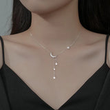 925 Silver Zircon Moon Star Tassel Choker Necklace for Women