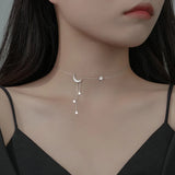925 Silver Zircon Moon Star Tassel Choker Necklace for Women