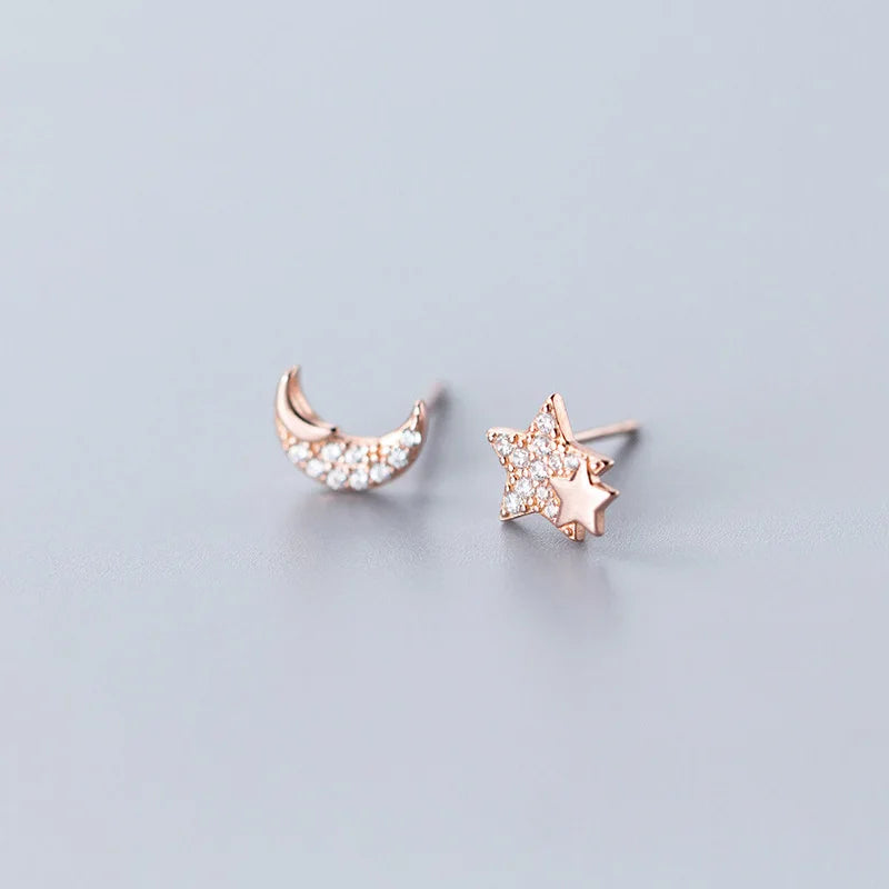 925 Silver Moon Stud Earrings Zircon Women's Jewelry Gift
