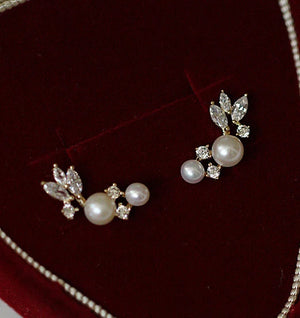 925 Silver Zircon Pearl Feather Stud Earrings For Women