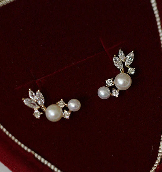 925 Silver Zircon Pearl Feather Stud Earrings For Women