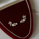 925 Silver Zircon Pearl Feather Stud Earrings For Women