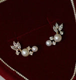 925 Silver Zircon Pearl Feather Stud Earrings For Women