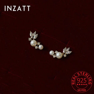 925 Silver Zircon Pearl Feather Stud Earrings For Women