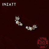 925 Silver Zircon Pearl Feather Stud Earrings For Women