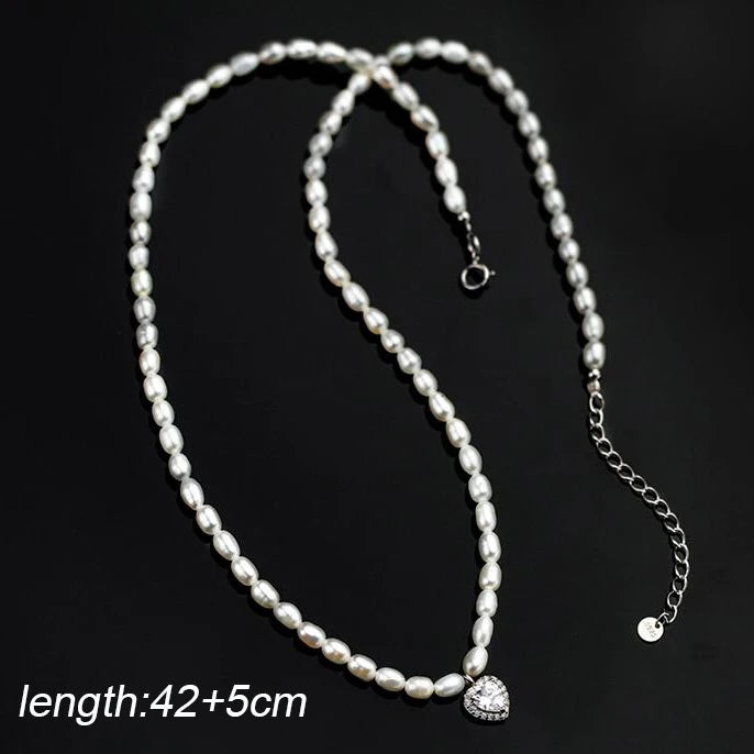 925 Silver Zircon Pearl Heart Choker Necklace Women Jewelry Bohemian Accessory