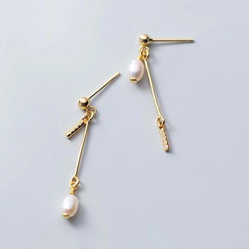 925 Silver Zircon Pearl Tassel Cross Stud Earrings Bohemian Style