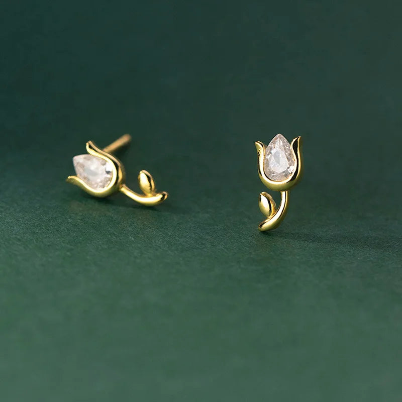 925 Silver Zircon Rose Flower Stud Earrings