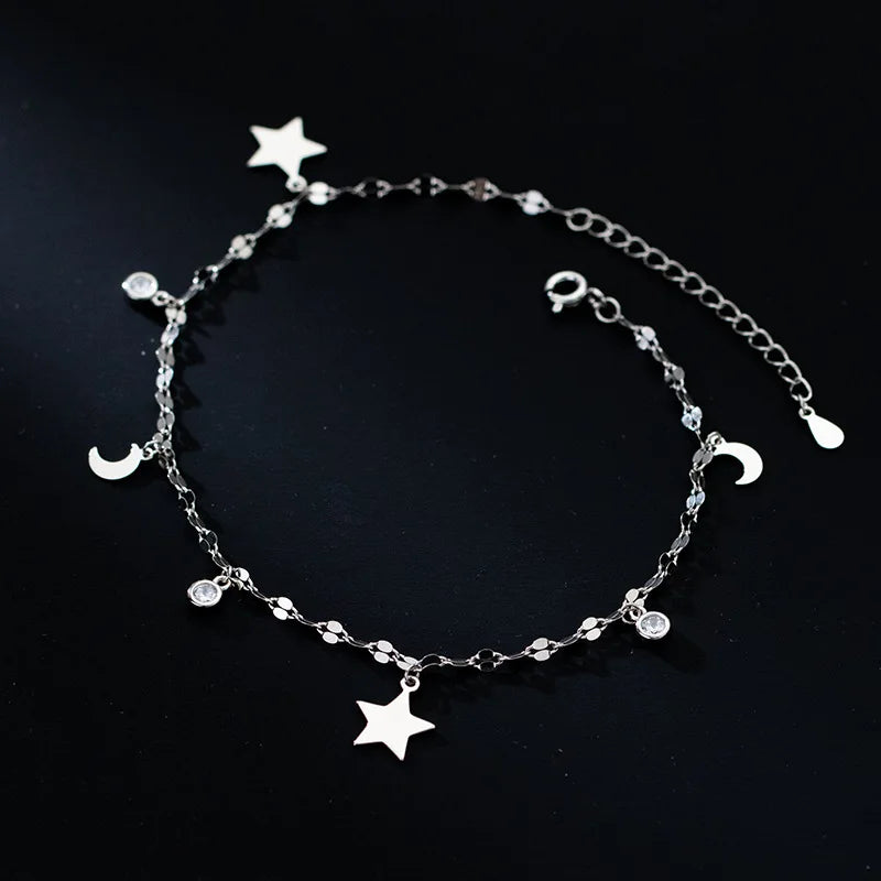 925 Silver Zircon Star Moon Anklet Women Fine Jewelry
