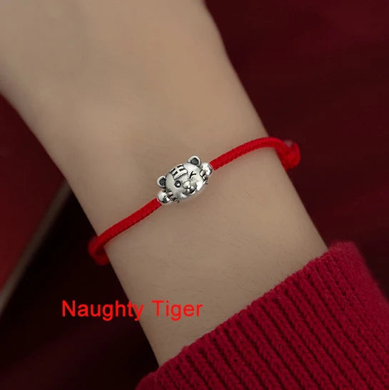 925 Sterling Silver Zodiac Tiger Red Rope Animal Charm Bracelet Women Jewelry