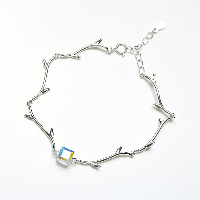 925 Silver Crystal Square Bracelet Geometric Chain Jewelry
