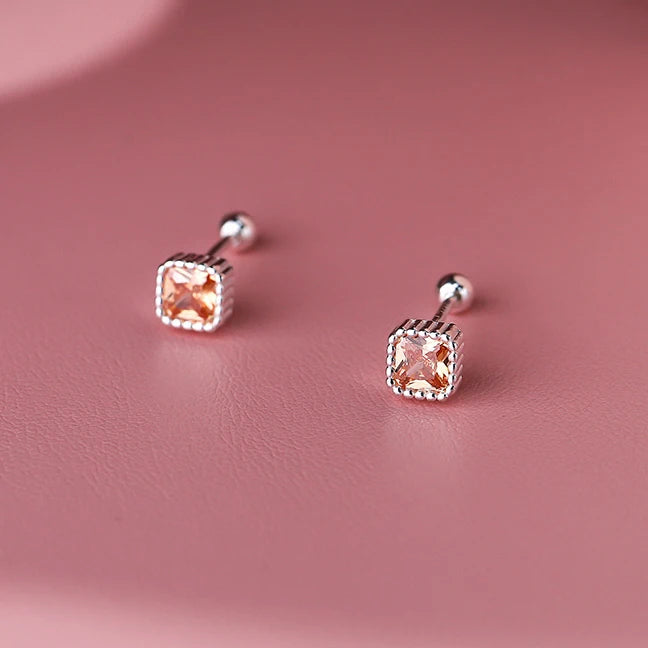 925 Silver Zircon Square Screw Ball Stud Earrings Classic Jewelry
