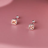 925 Silver Zircon Square Screw Ball Stud Earrings Classic Jewelry