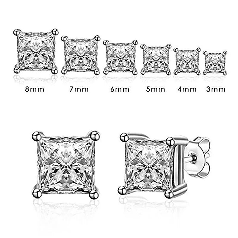 925 Silver Stud Earrings Women 4-Claws Square Zirconia Wedding Jewelry