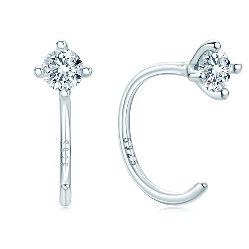 D Moissanite Silver Piercing Hoops Earrings 925 Sterling Silver Cuff