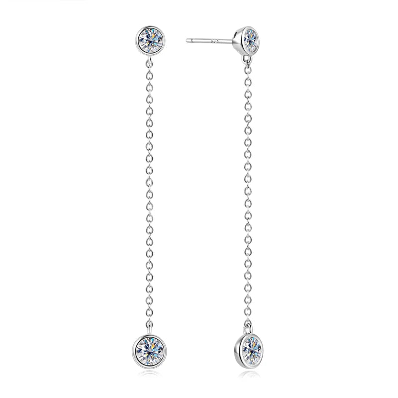 Long Tassel Drop Earrings 1.6cttw Bezel Moissanite 925 Sterling Silver