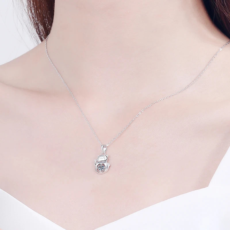 925 Silver Moissanite Lucky Cat Pendant Necklace Jewelry Gift