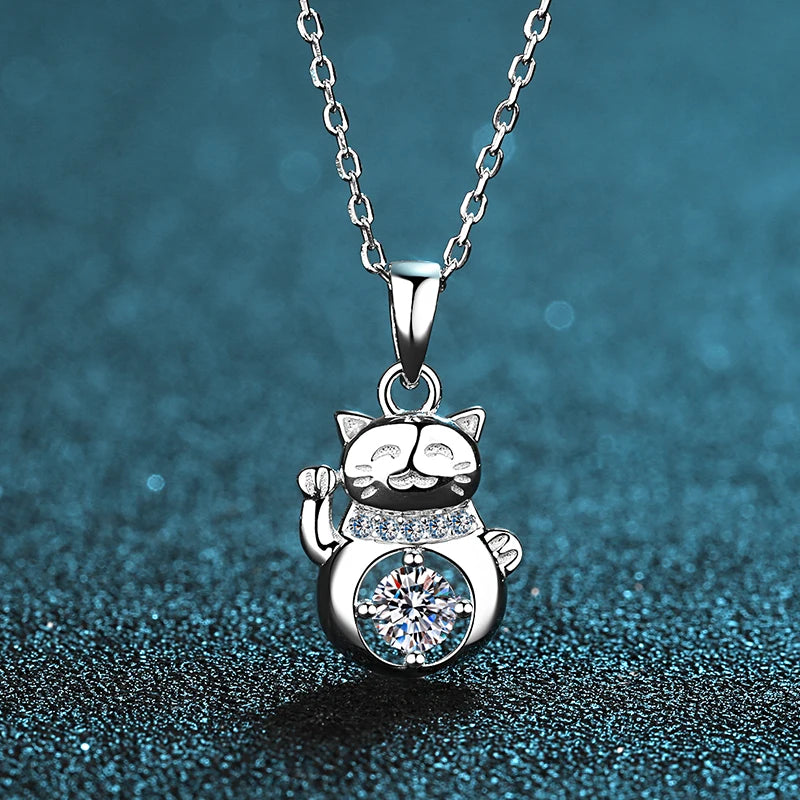 925 Silver Moissanite Lucky Cat Pendant Necklace Jewelry Gift