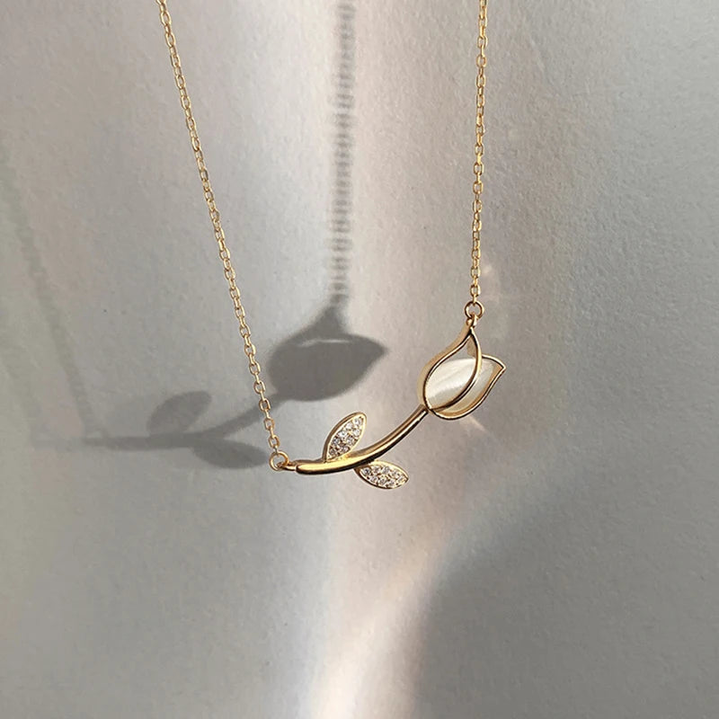 Rose Flower Necklace 925 Sterling Silver Tulips Pendant Fine Jewelry