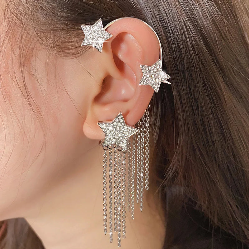 Crystal-encrusted Ear Cuff for Women with Metal Chain Tassel