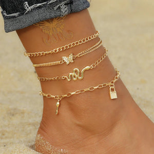 Bohemian Animal Anklet Set Retro Butterfly Snake Lock Beach Anklet