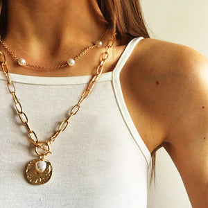 Bohemian Multilayer Chain Necklace Pearl Coin Geometric Jewelry